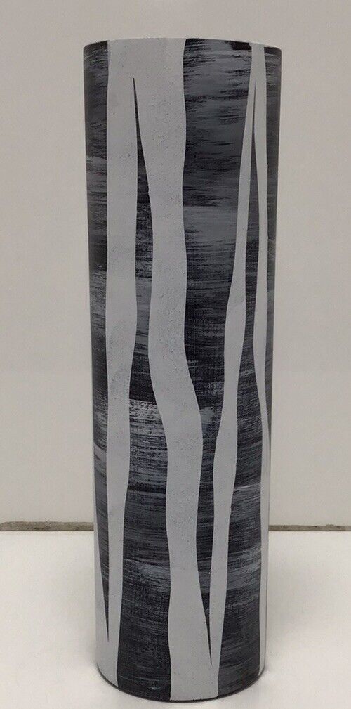 Pier 1 Vase Hand Painted Etched Cylindrical 16″ Tall Black / Grey / White