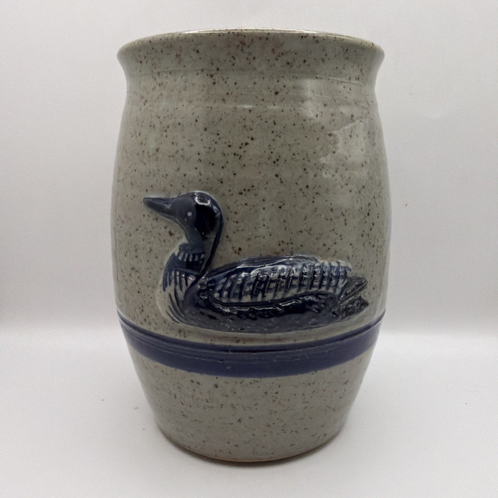 Speckled Art Pottery Crock Vase Utensil Holder Blue Duck Grey Glaze~6.5”