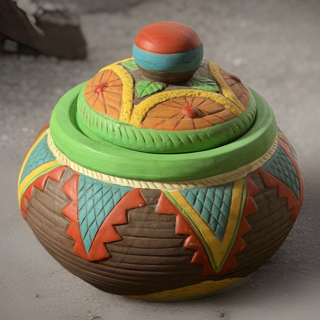 RARE Vtg Southwestern Hand-Painted Decorative Clay Trinket Canister Glazed Insid