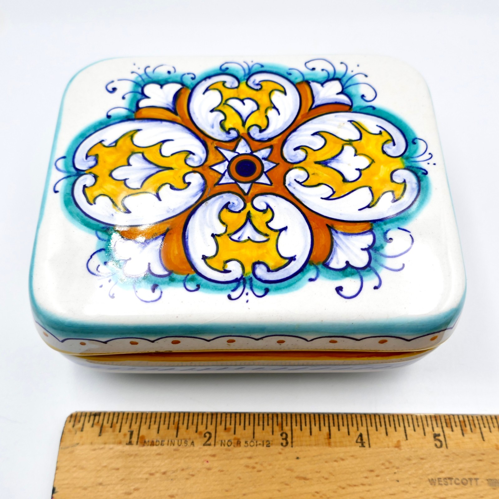 Deruta Lidded Trinket Box 5.25″ Hand Painted Ceramic Rectangle Italy Vintage