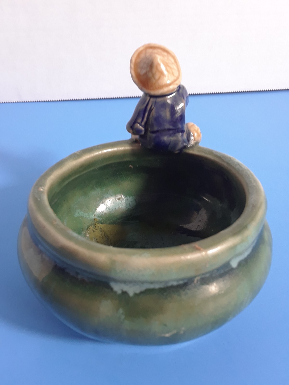 Vintage Chinese Mudman on Side of Round 3.25 in Glazed Pot Trinket Dish