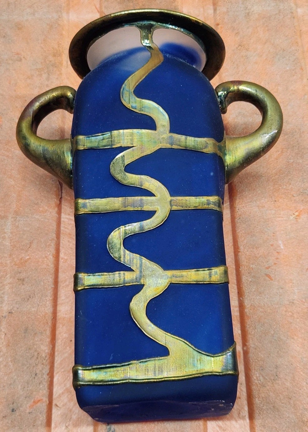 Anca Podaru Ama Romanian Copper Overlay Handled Art Glass Nouveau Vase Z*