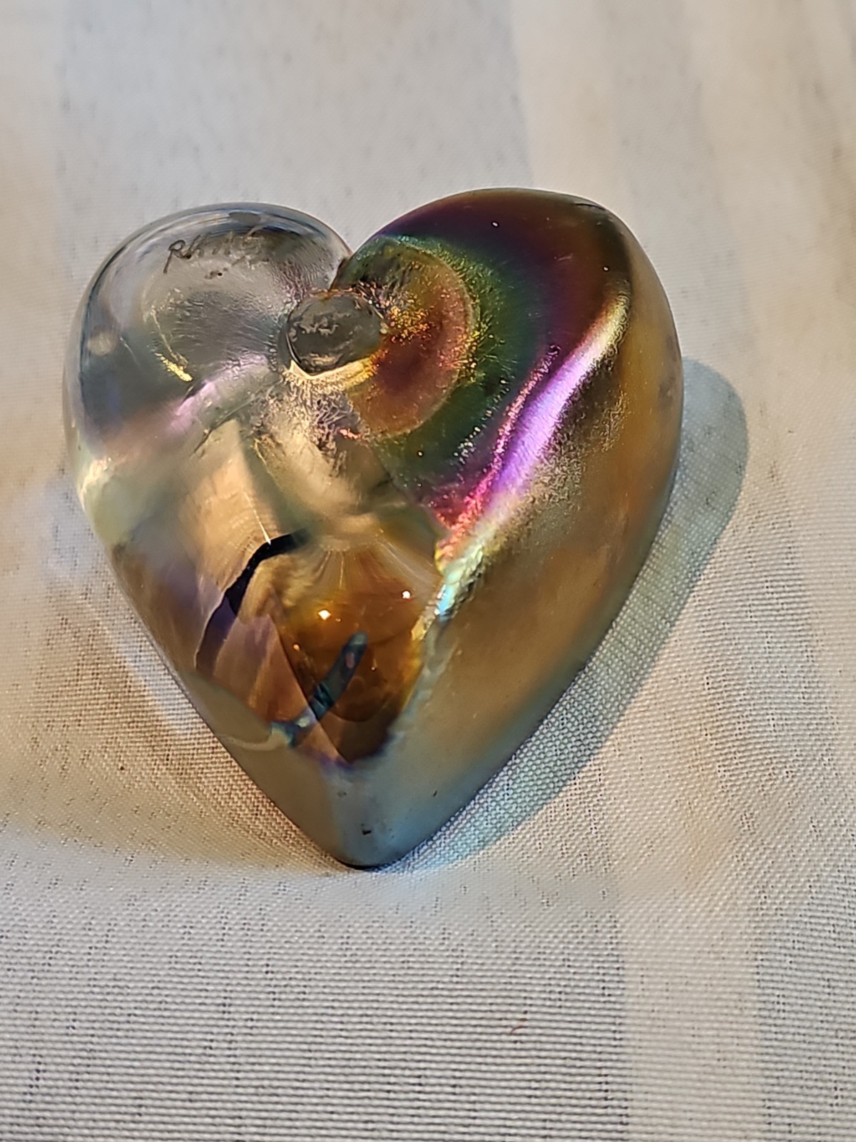 TEAL BLUE Swirl Design Heart Robert Held, Iridescent Heart Shaped Signed F/ship