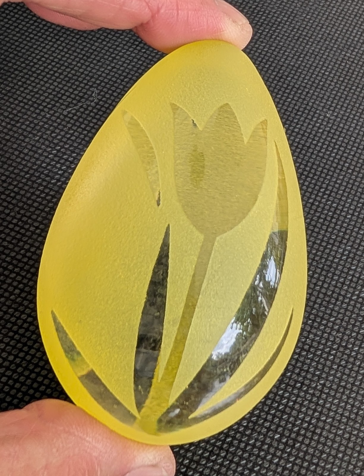 Vtg Pilgram Glass Sand Carved Egg Yellow with Tulips Original Box Acrylic Stand