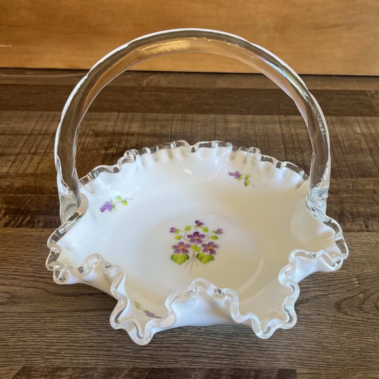 Vintage Fenton Glass Silver Crest Violets In The Snow Brides Basket M. Trembly