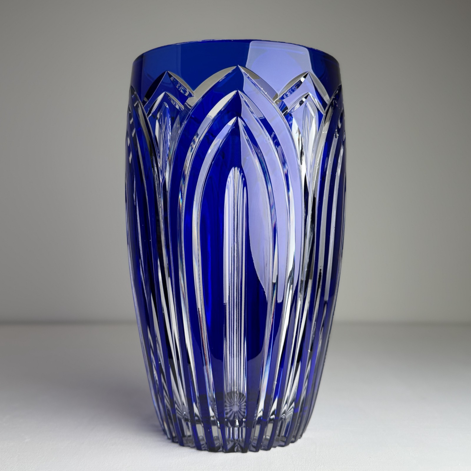 Vintage Cobalt Blue Crystal Cut Vase 11.75″ Gothic Arch Fluted Centerpiece Ooak