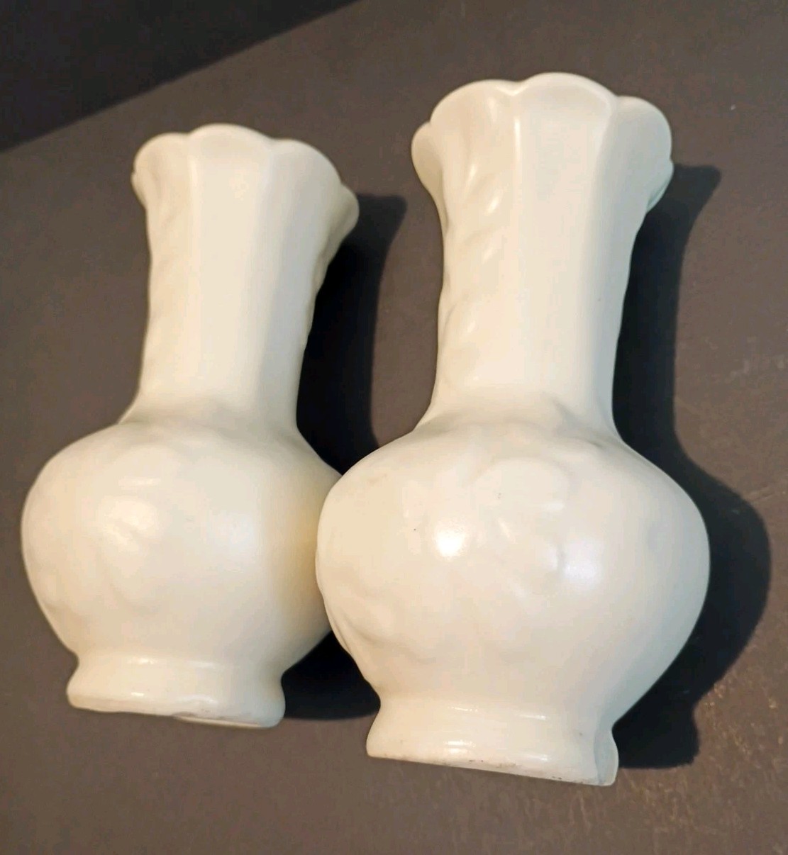 2 Vintage USA 5″ Tall Ivory Embossed Thick Bud Vases Off White