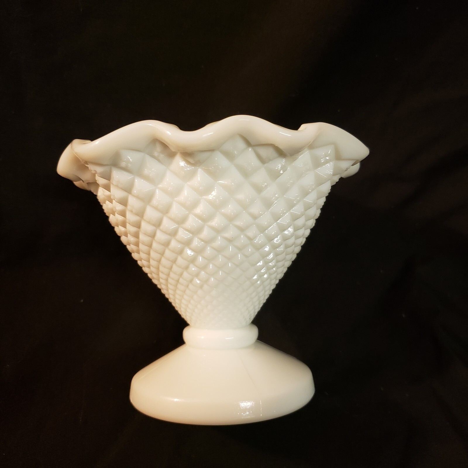 Small Vtg Milk Glass Diamond Point Hobnail Vase Bowl Candy Dish Mid Century 4.5″