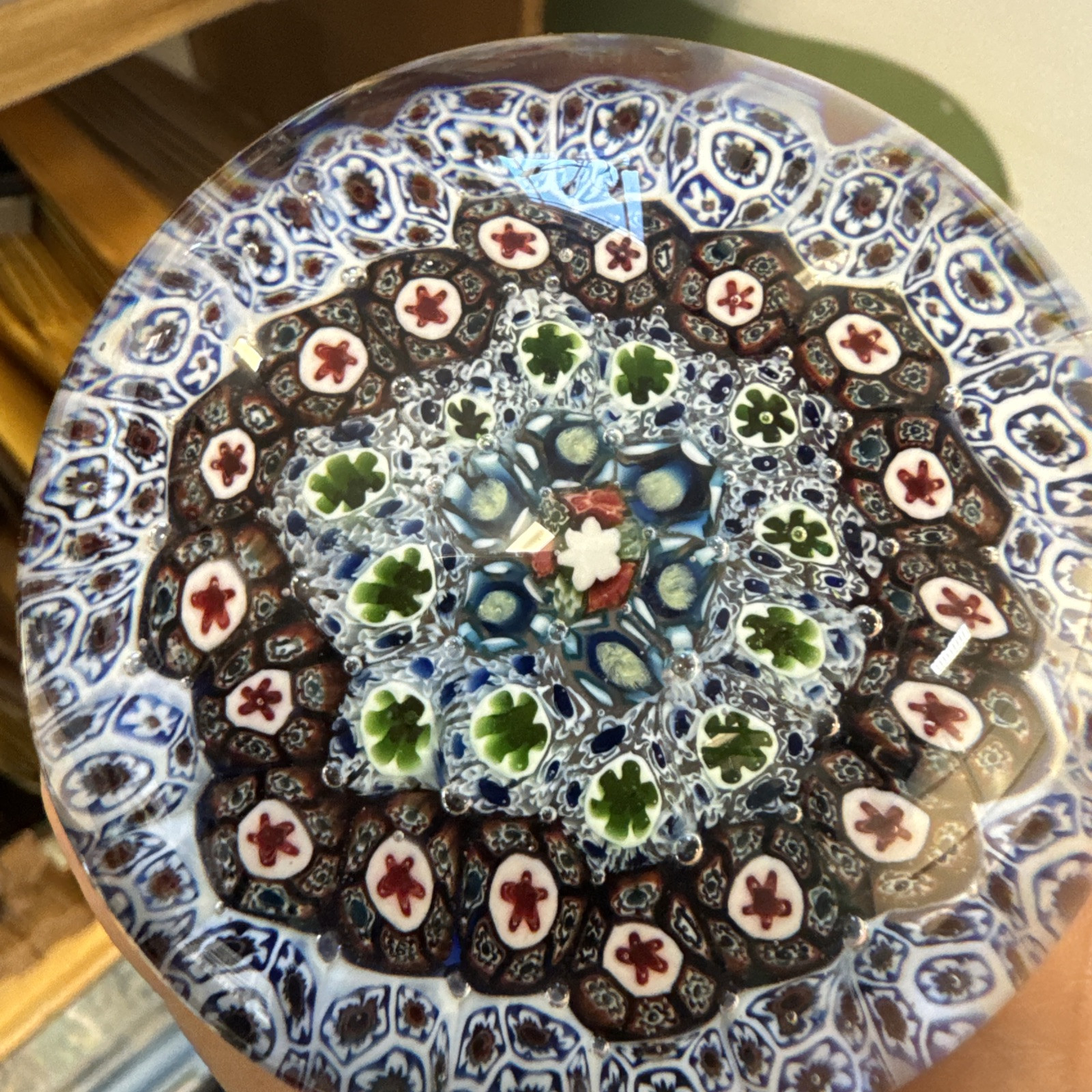 Millefiori Paperweight Blue Green Red Collectible Art Glass Desk Floral Pattern
