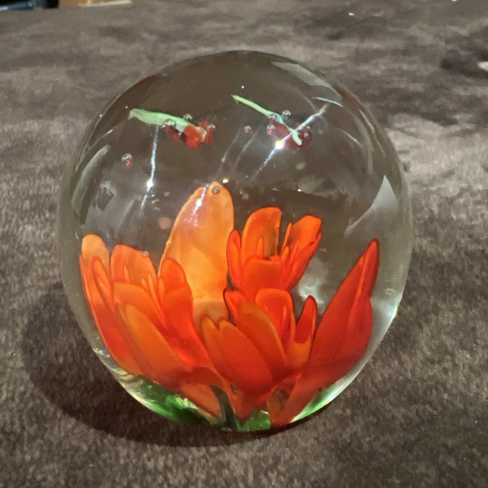 Blown Glass Globe Paperweight Orange Red Lilly Flower Flying Dragonfly Insect