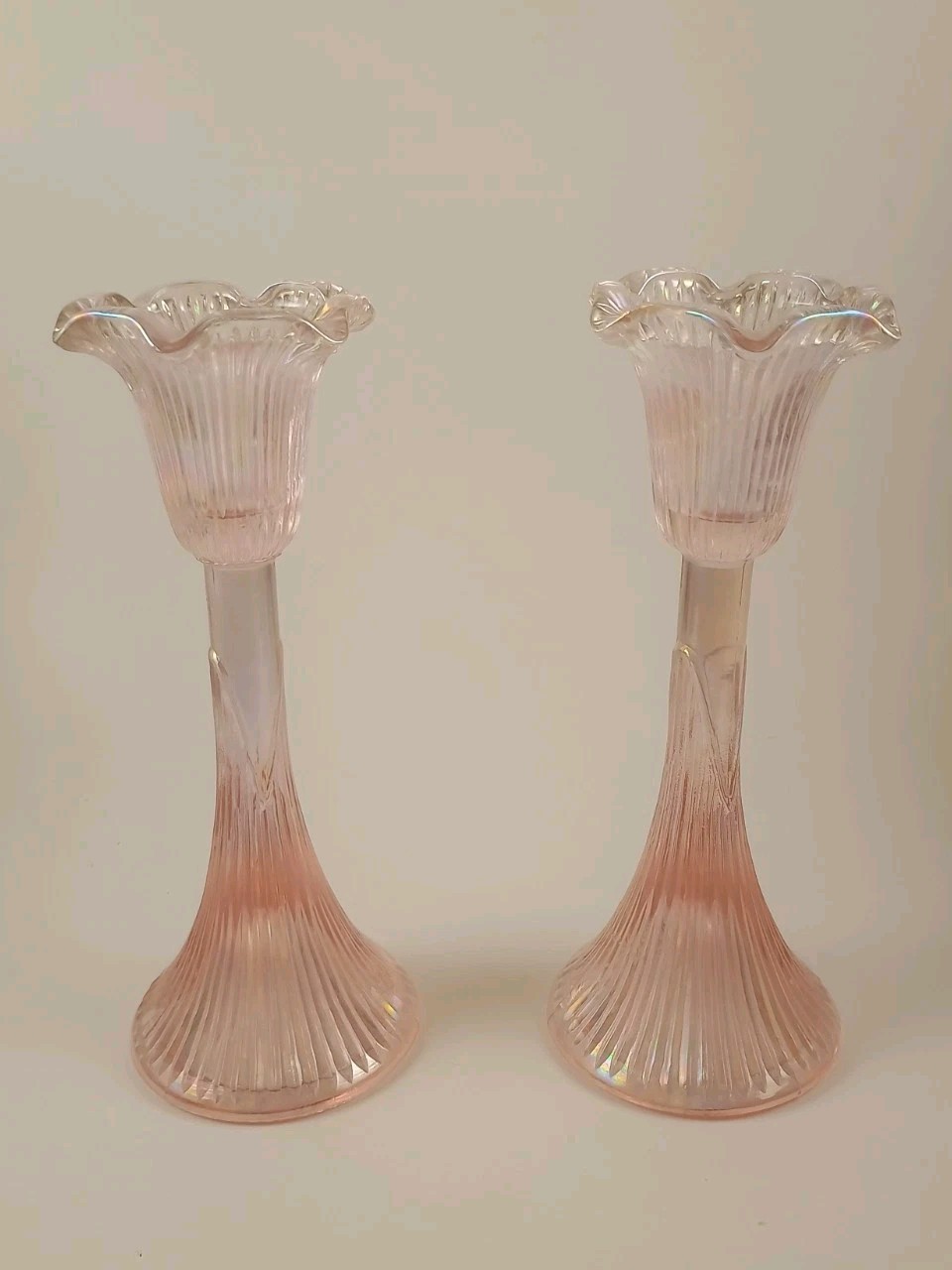 Silvestri Mouth Blown Pink Tulip Iridescent Glass 7” Candlestick Holders MCM