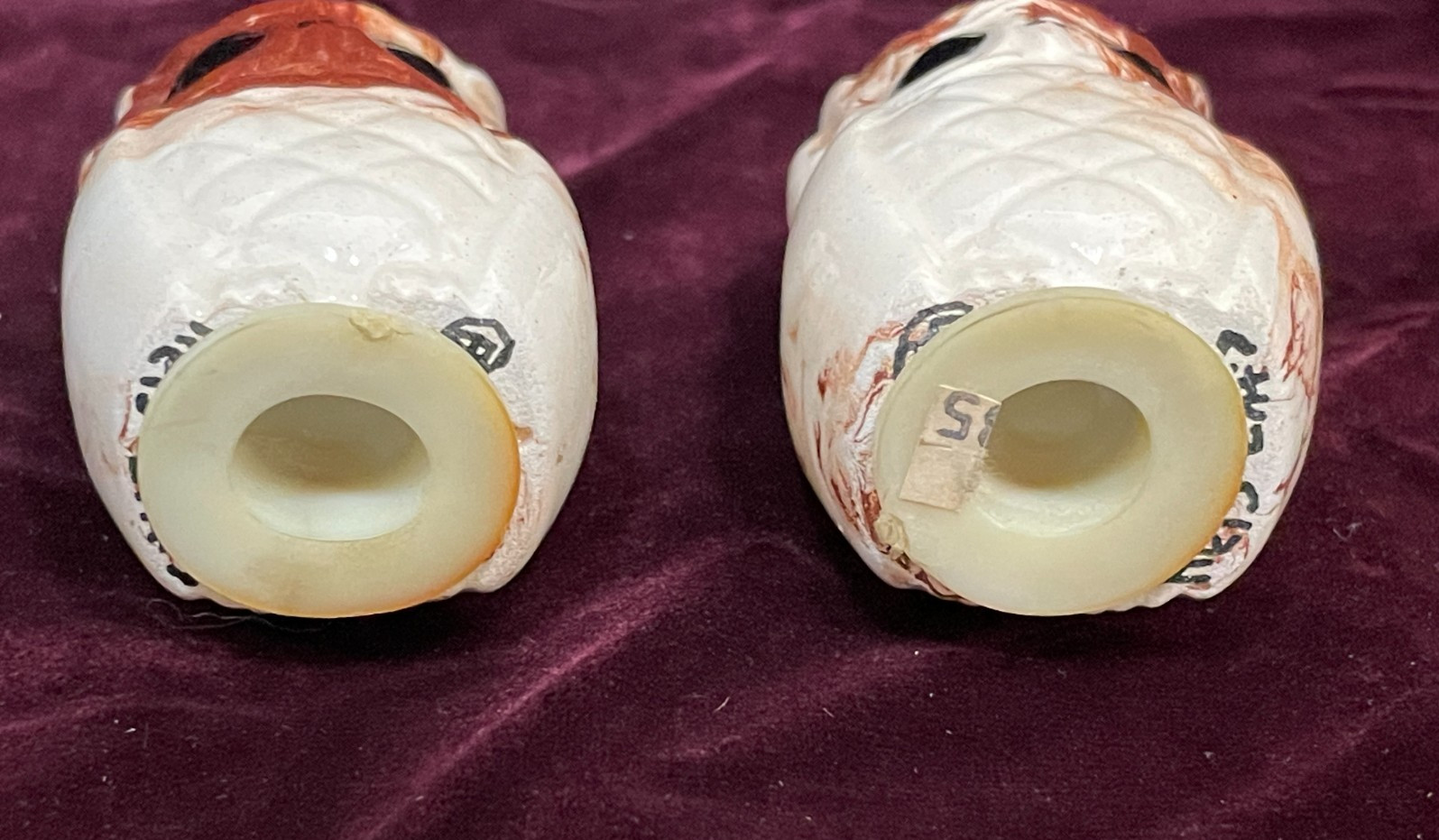 A Pair of Sitka Clay Alaska Brown and Cream Owl Salt and Pepper Shakers Signed
