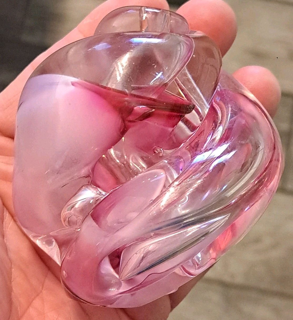 Pink Purple Clear Art Glass Paperweight Nautilus Shell Swirl 3 1/4” Signed