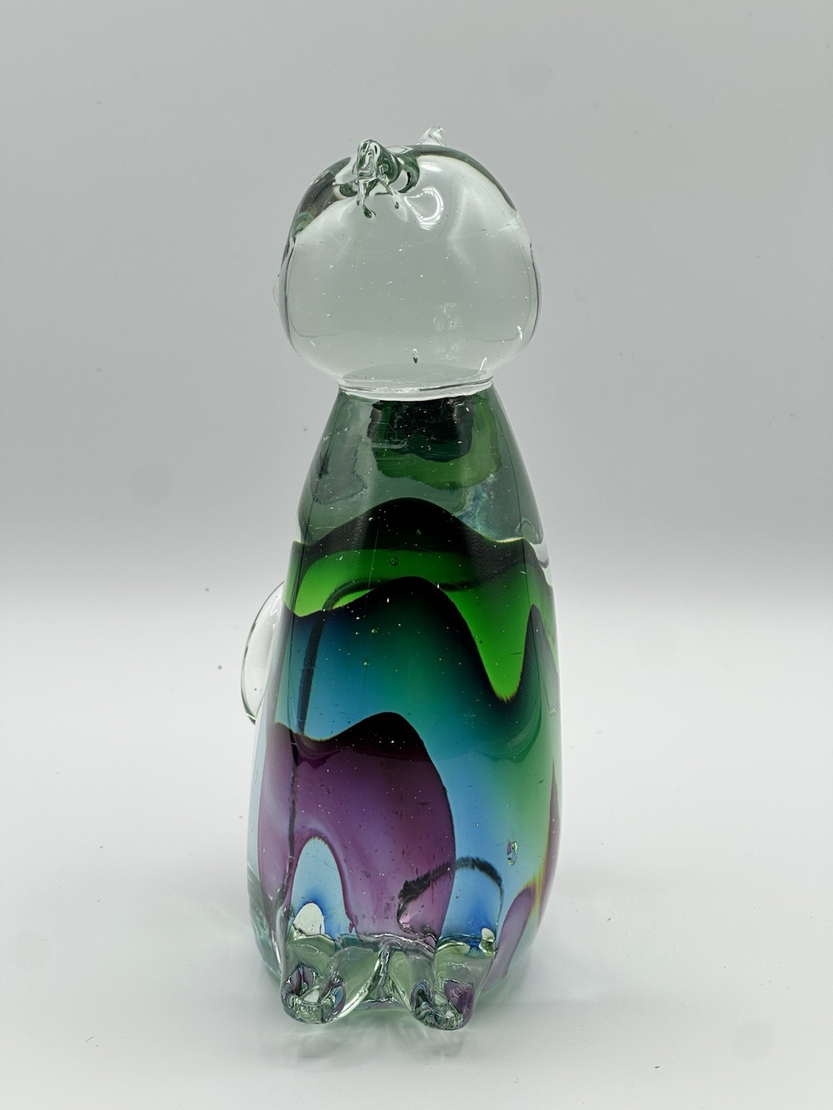 Sommerso Art Glass Cat Sculpture 7 5/8” Tall Burgundy Blue Green In Clear
