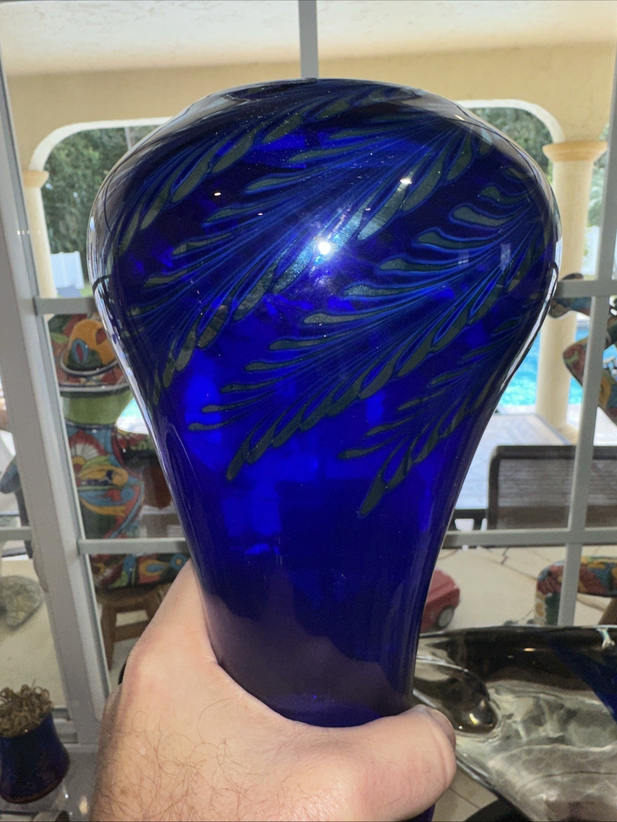 Steven Correia Art Glass Pulled Feather Vase Coballt Blue & Silver MINT Cond.