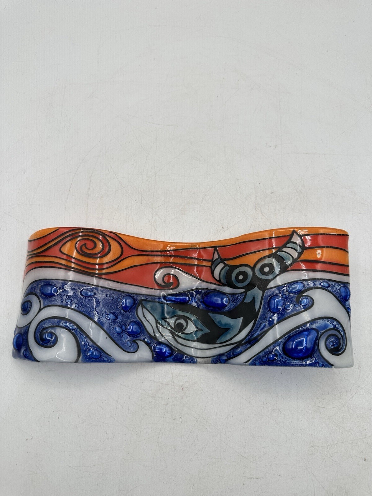 Fused Wavy Glass Display Ocean Scene With Water Whale And Sunrise 10” X 3 7/8”