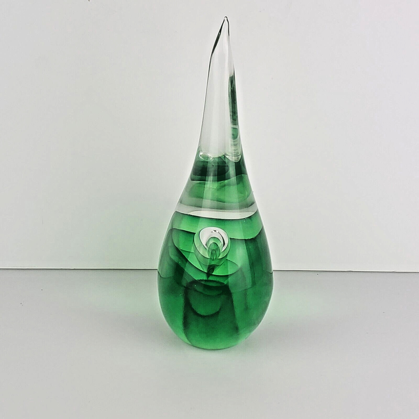 9.25in Chris Sherwin Art Glass Green Sommerso Bullicate Teardrop Sculpture