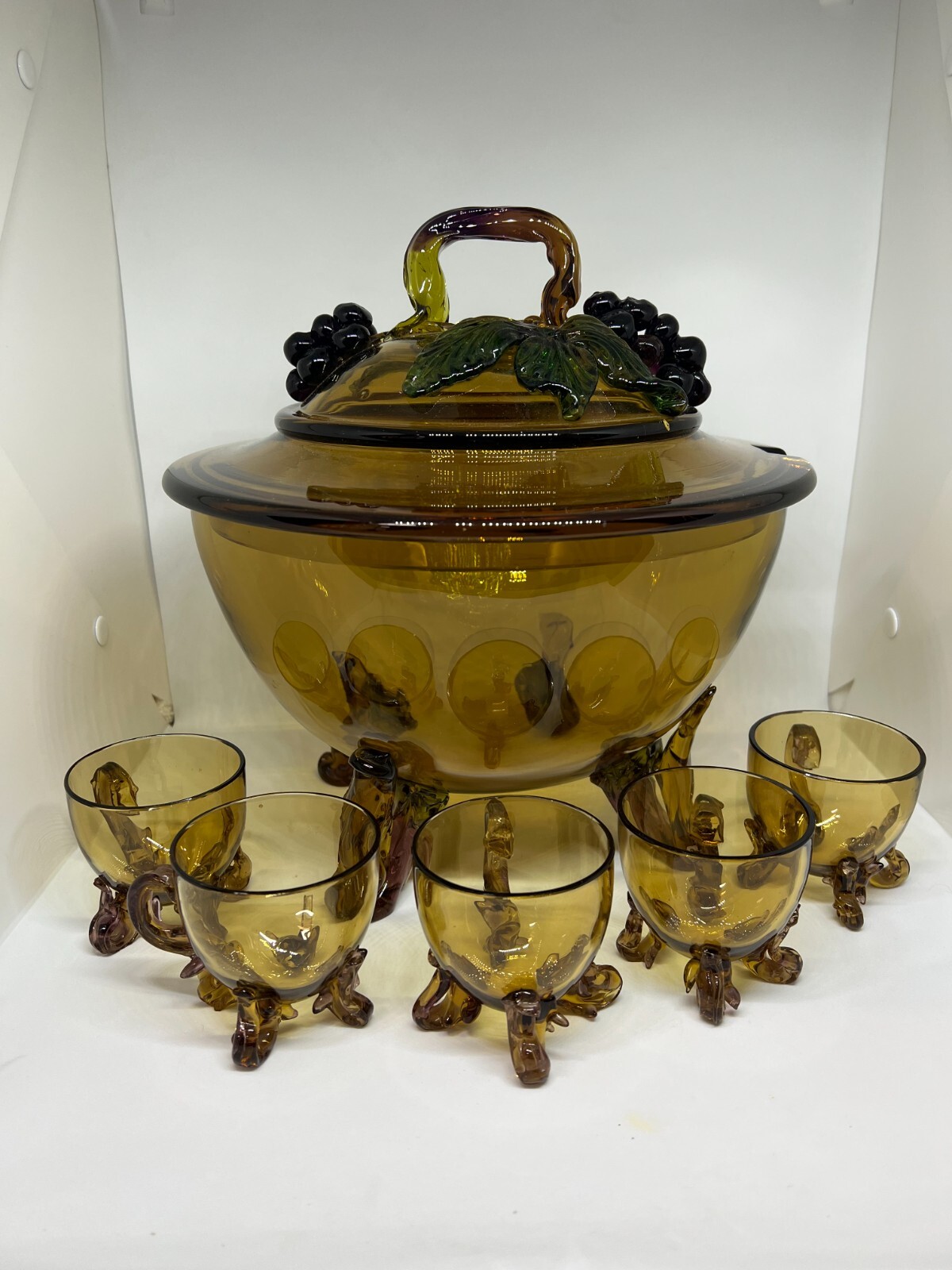 Stevens & Williams-Stourbridge Olive Green Glass Punch Bowl w/5 Matching Cups