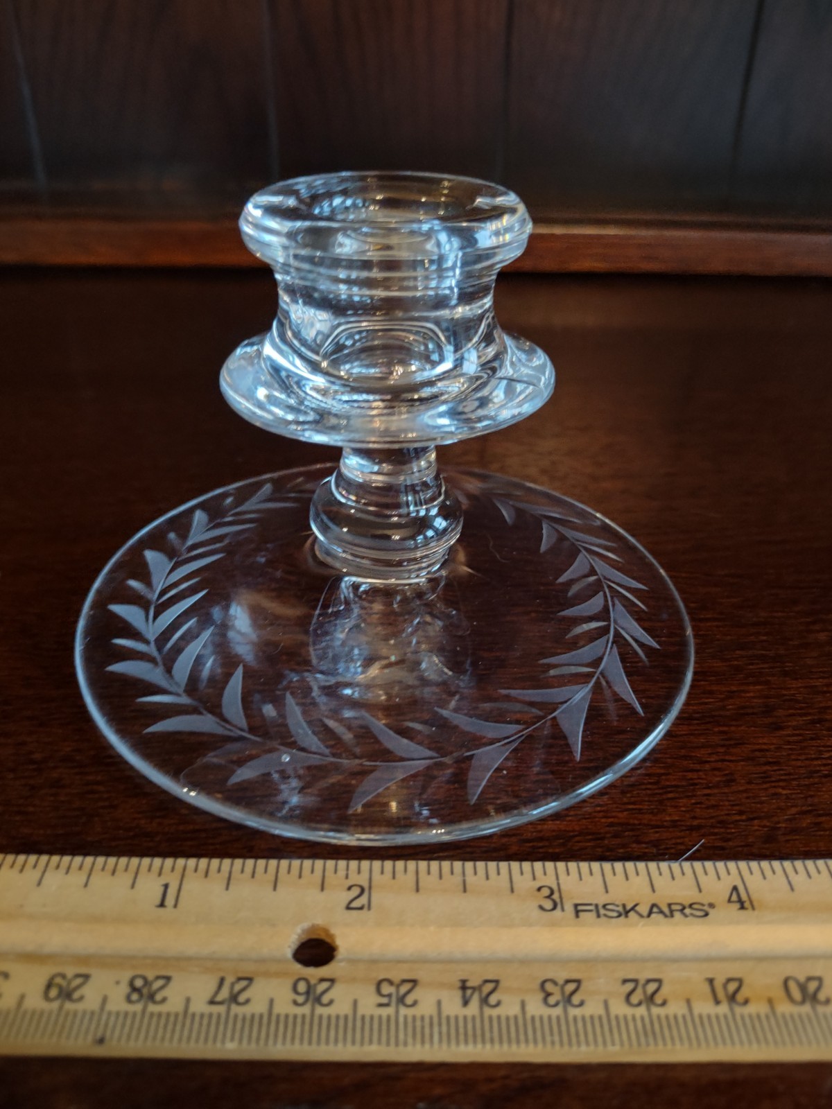 Pair Of Fostoria Etch Holly Low Stick Glass Candlesticks About 3.25 Inches Tall