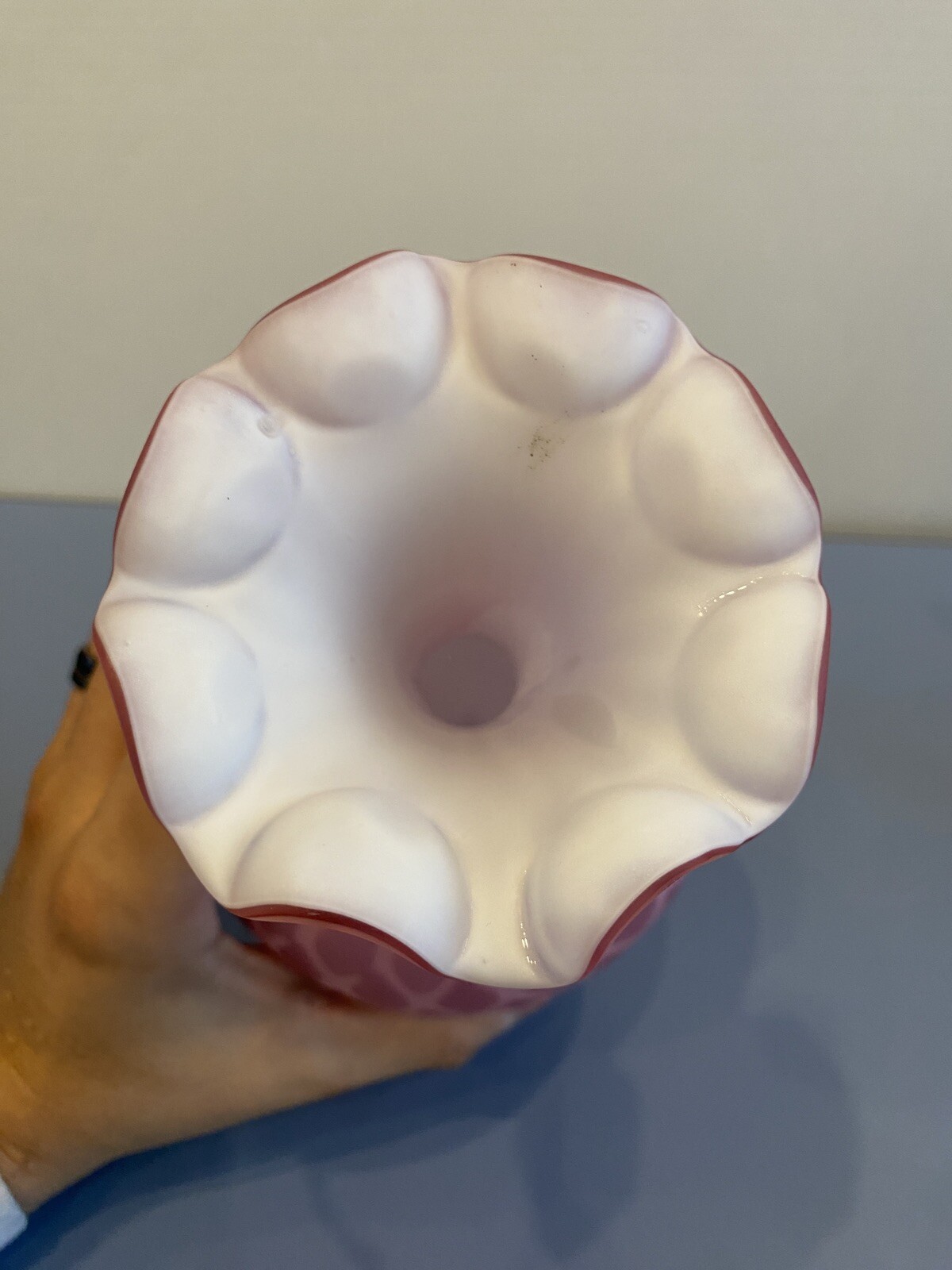 ANTIQUE Cranberry Opalescent Satin Quilted Mother Of Pearl Glass Vase 8″H