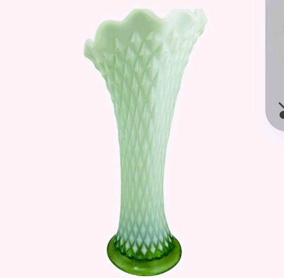Vintage Northwood Diamond Point Green Opalescent Swung Vase 11 3/4″