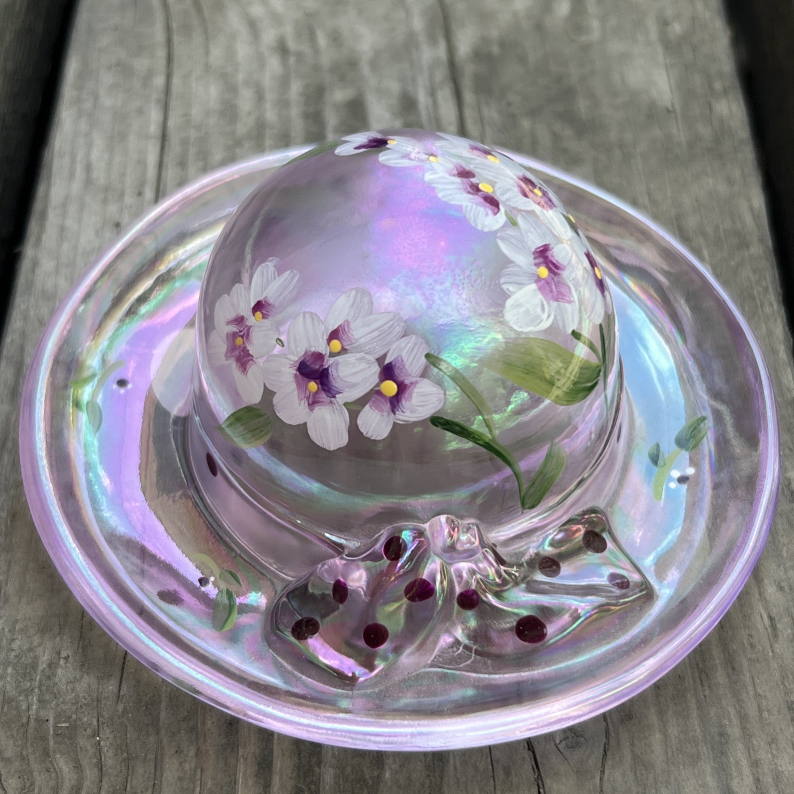 Fenton Glass Dotted Pink Glossy Iridescent Ladies Hat Bonnet Signed By M. Cade