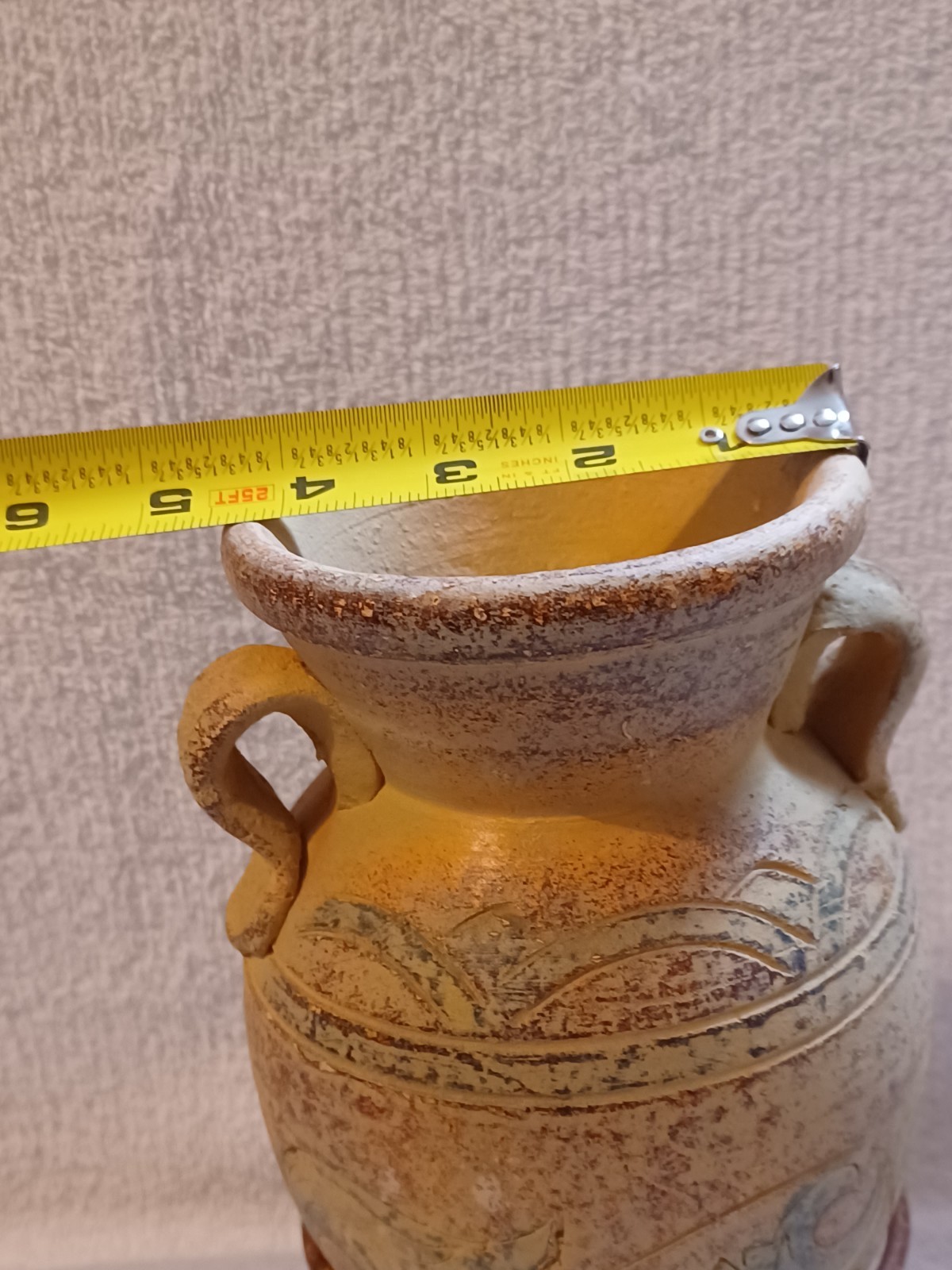 RUSTIC CERAMIC AMPHORA Vase With Metal Stand 11.5″ Mediterranean Pottery. A-23