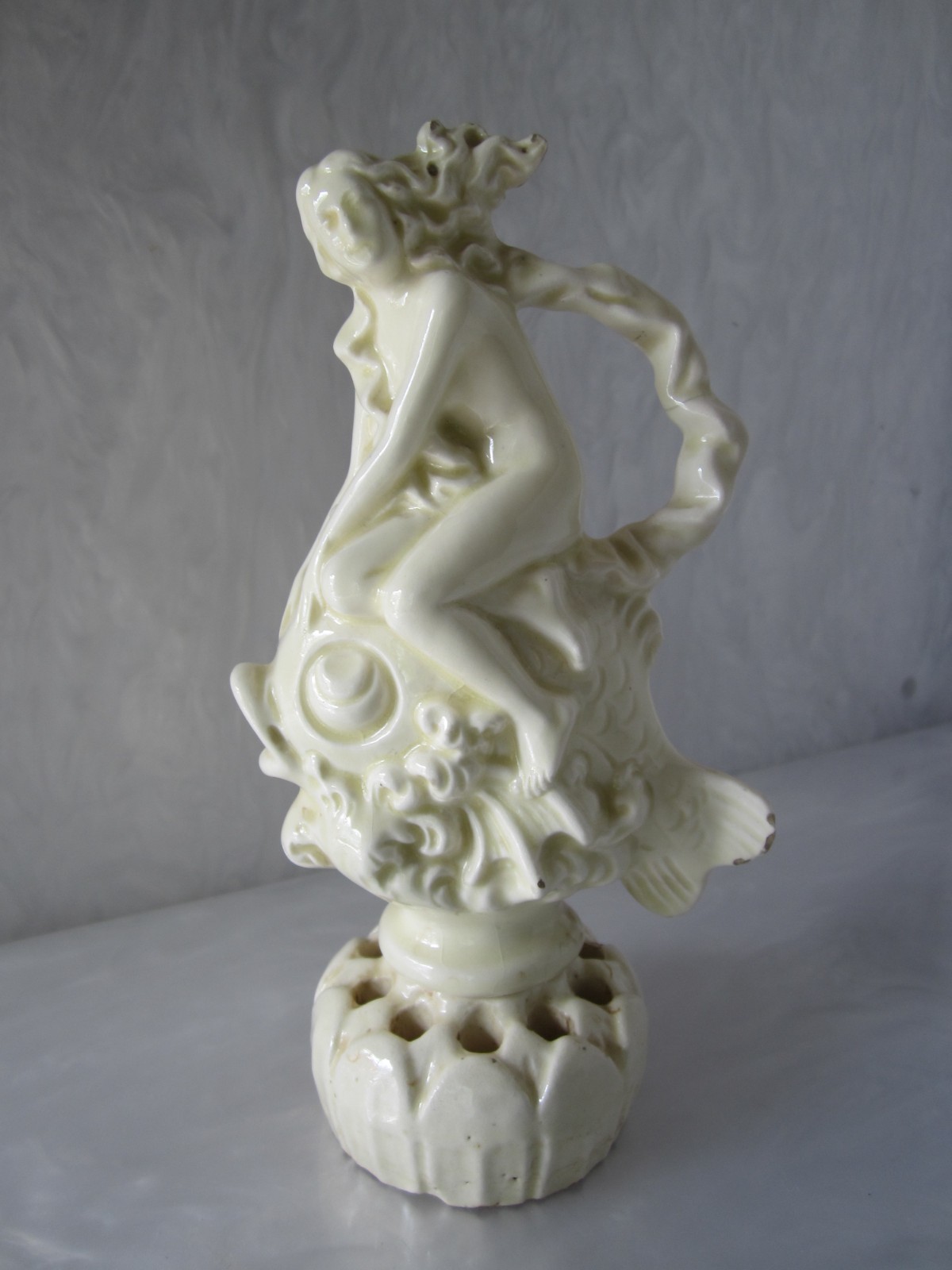ANTIQUE ART NOUVEAU GERMAN PORCELAIN MERMAID RIDING FISH FIGURAL FLOWER FROG
