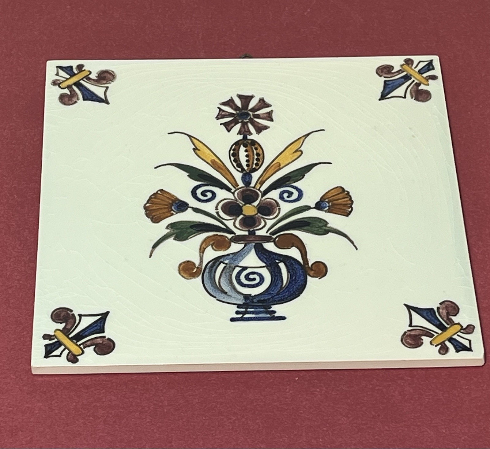 Vintage De Delftse Pauw D.P. Delft Tile 6” Hand Painted Polychrome Floral Signed