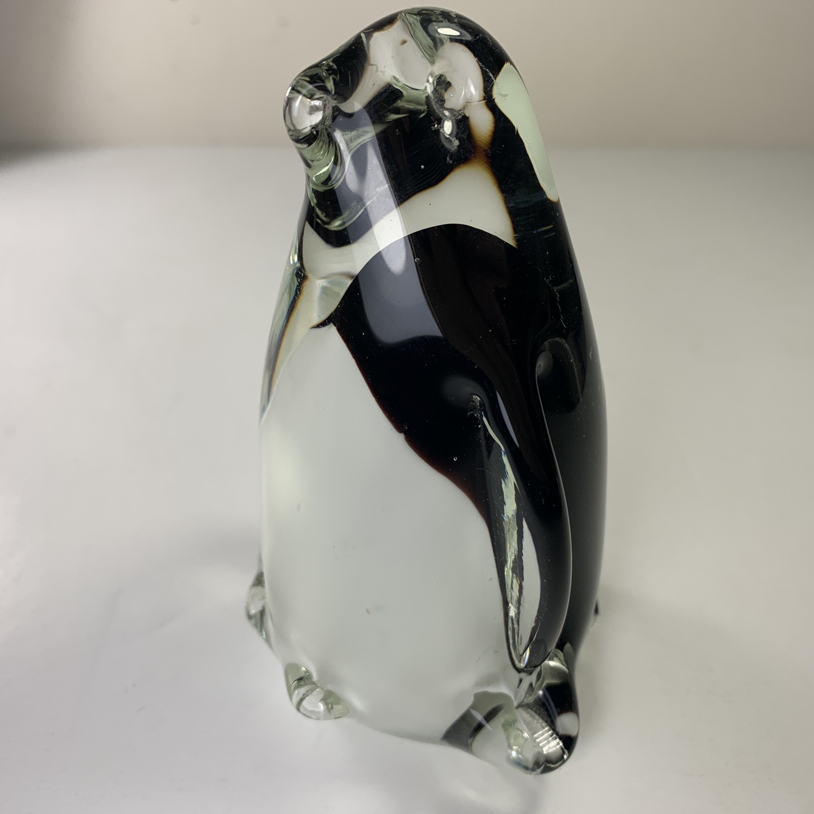 Glass Black & White Penguin Paperweight Figurine Hand Blown 4.75 inches Tall