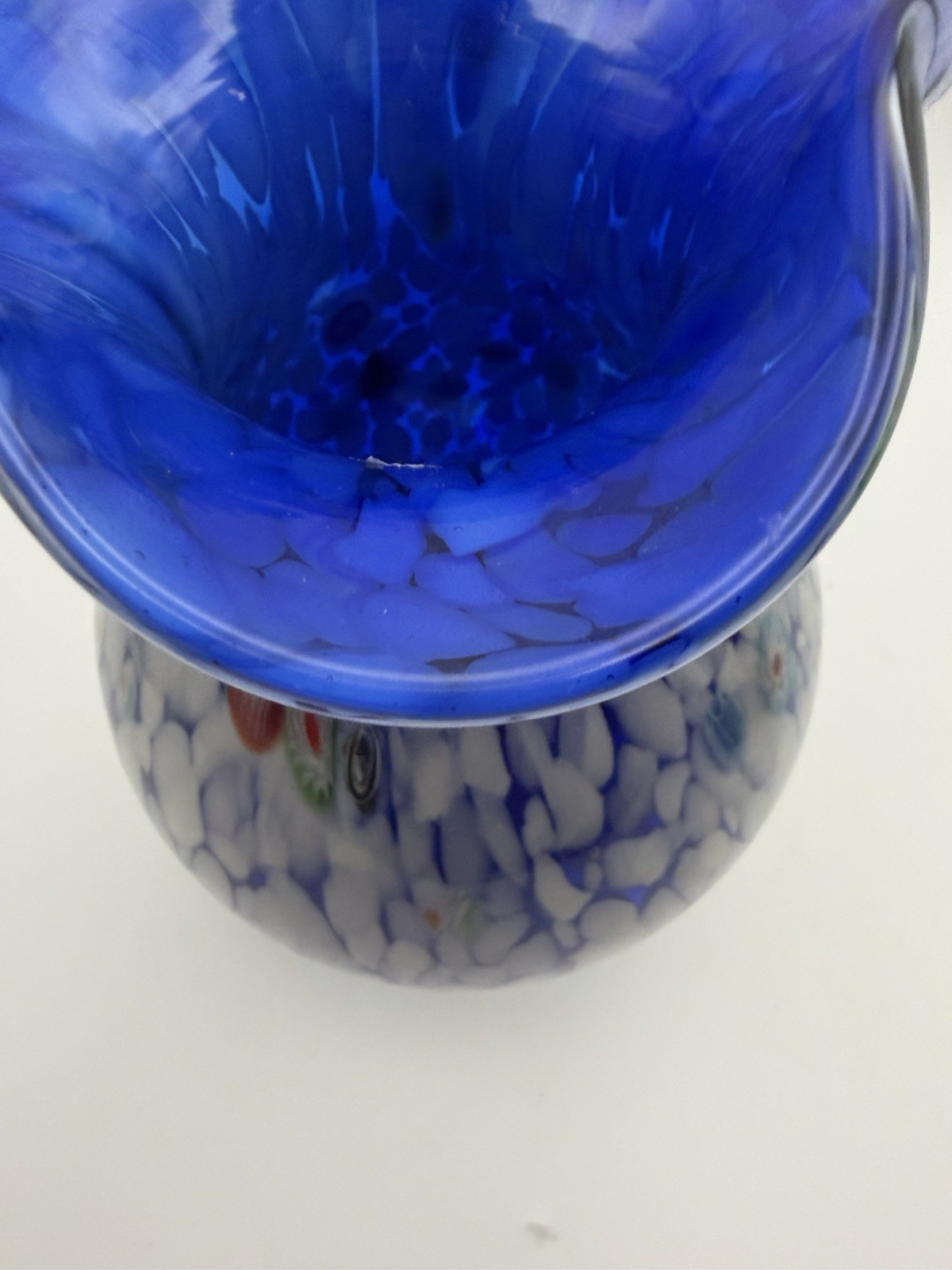 Hand Blown Art Glass Vase Blue & White Millefiori Confetti Vase 8”