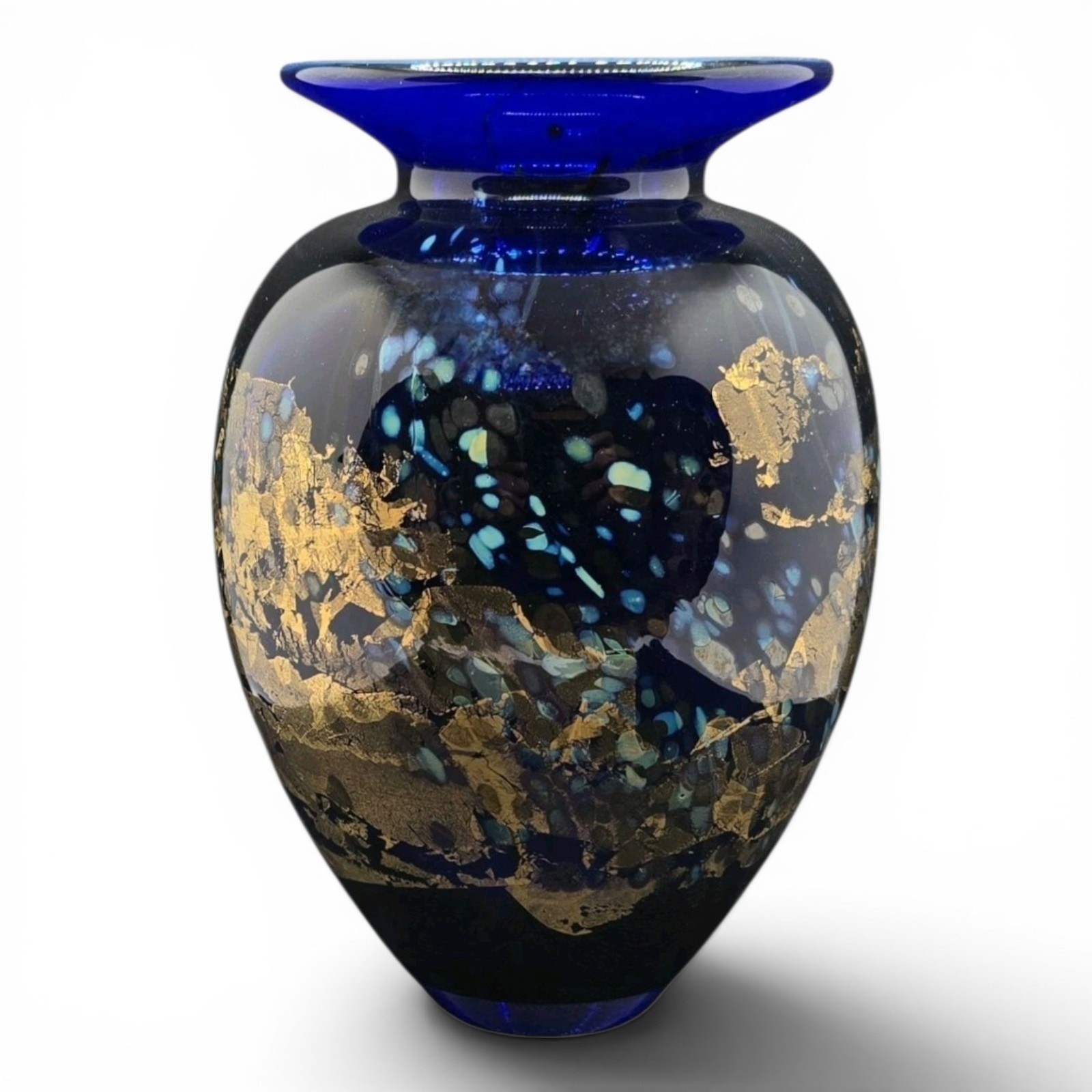Vintage 1993 Tim Lazer Art Glass Vase Hand Blown Cobalt Gold 7.5″ Tall Signed