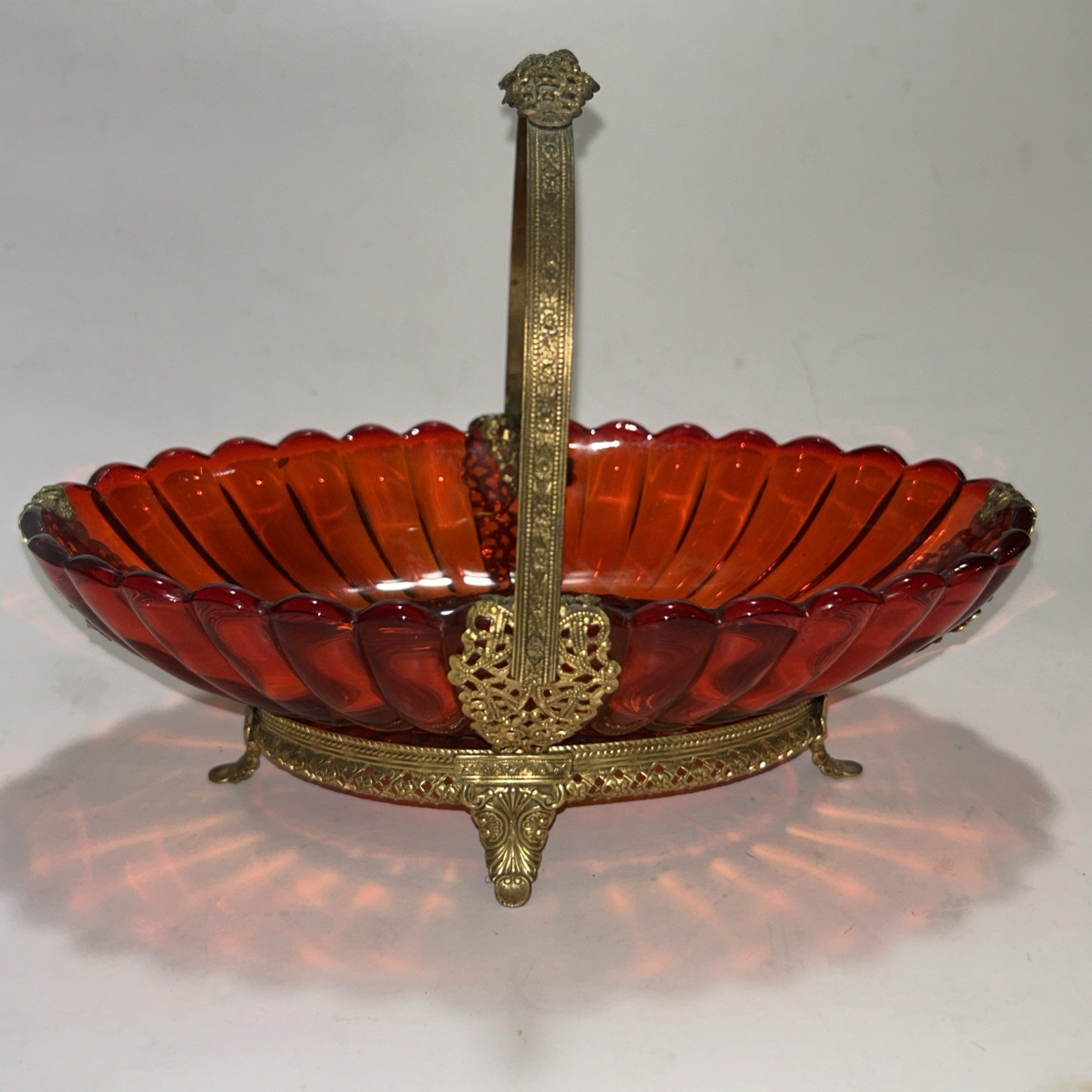 Antique Imperial Glass Ruby Red Bride’s Basket W/Brass Filigree Accents & Handle