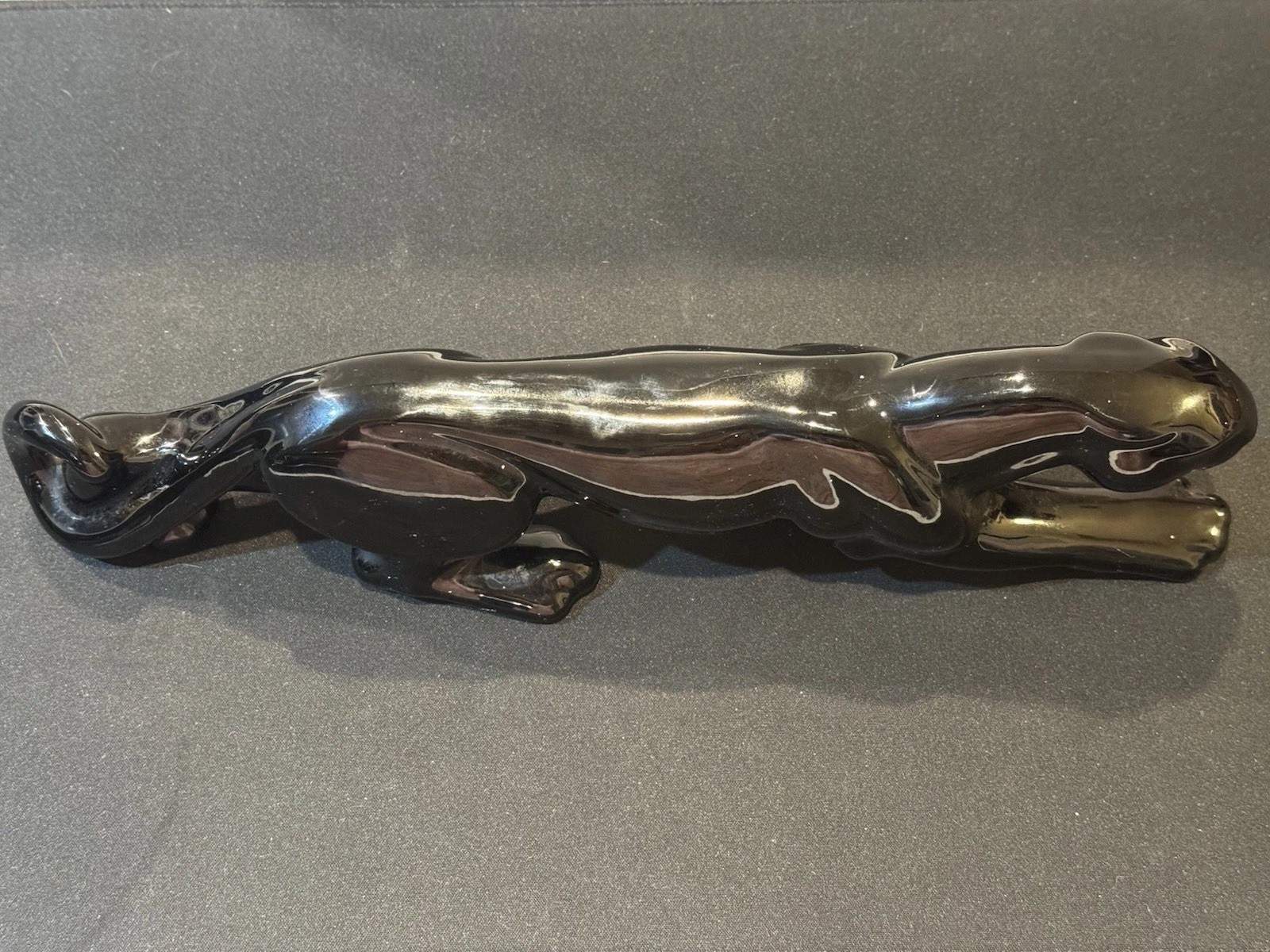 Vtg MCM Black Art Ceramic Panther 13″ Murano Style Sleek Cat Figure Sculpture