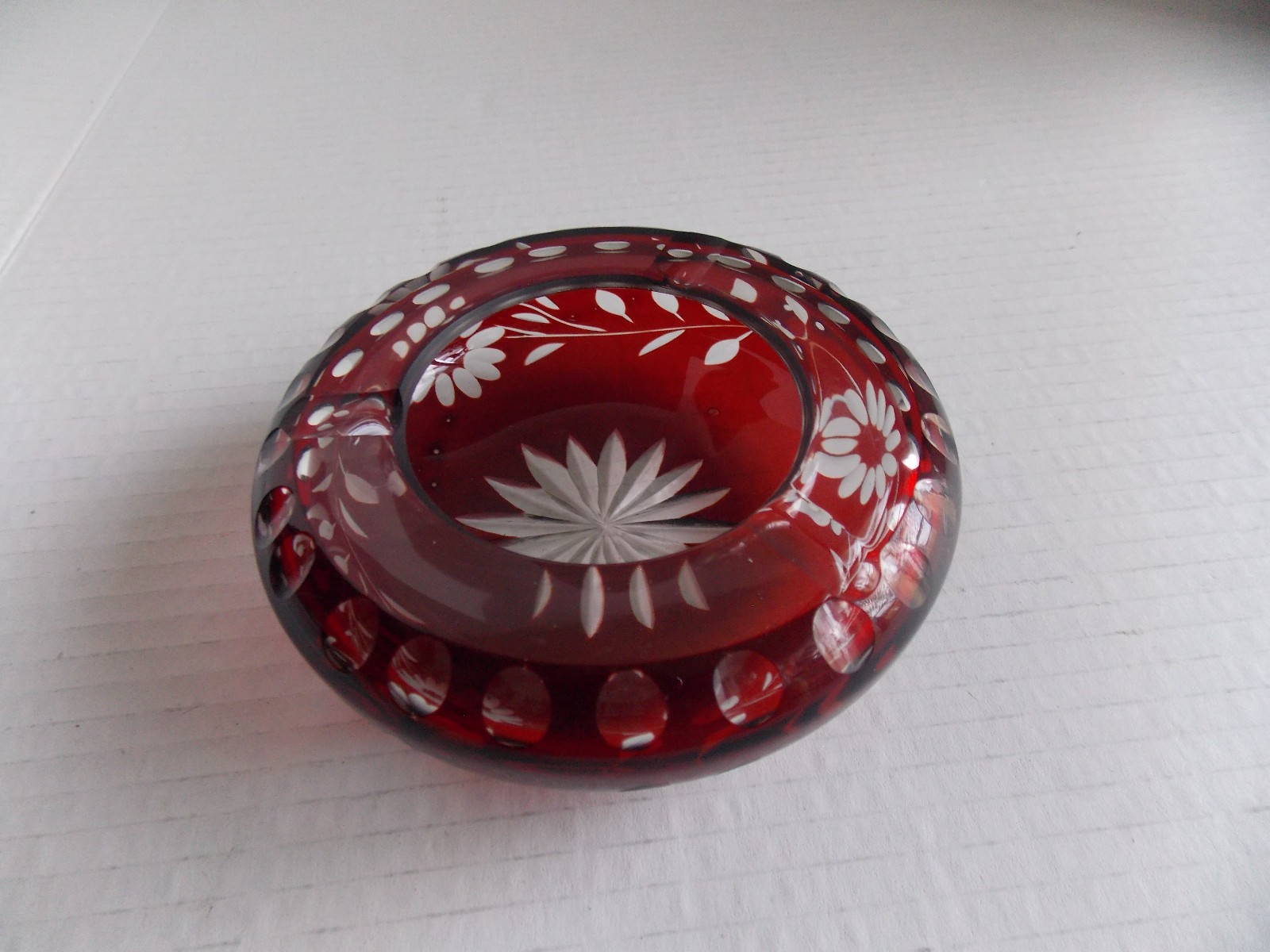 Vintage Egermann Ruby Red Cut to Clear Bohemian Czech Art Glass Ashtray 4 Inch
