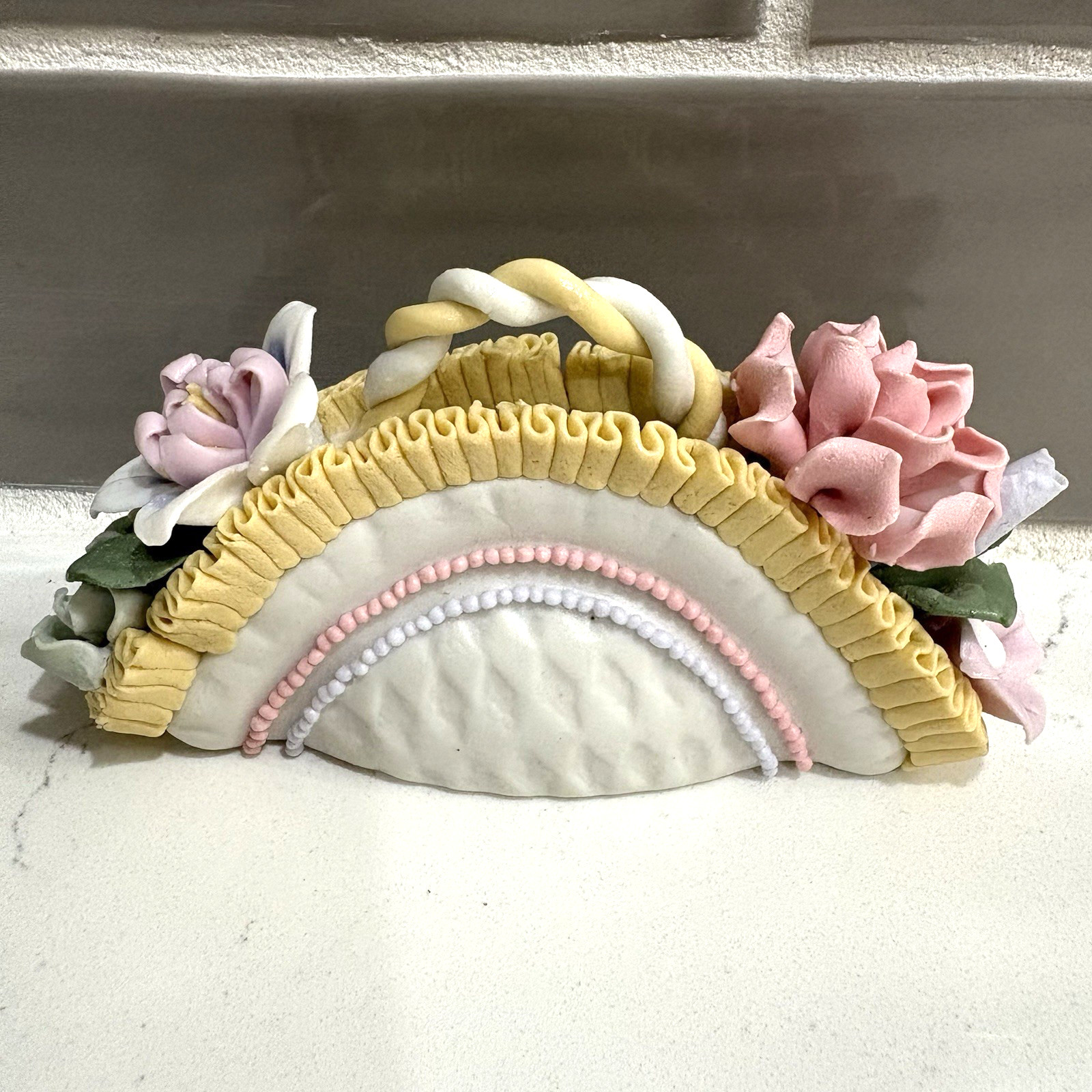 Vintage Decorative clay Flower Basket Figurine Pastel Roses Handle Accent