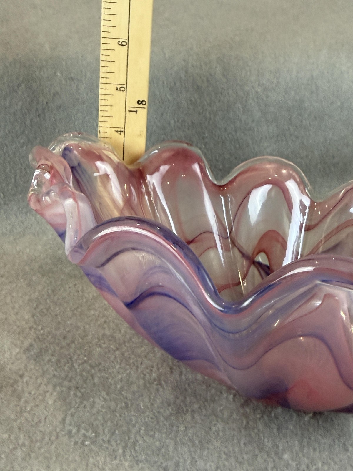 Murano Hand Blown Pink Swirl Glass Ruffled Bowl Ornament Made Italy Decor Art