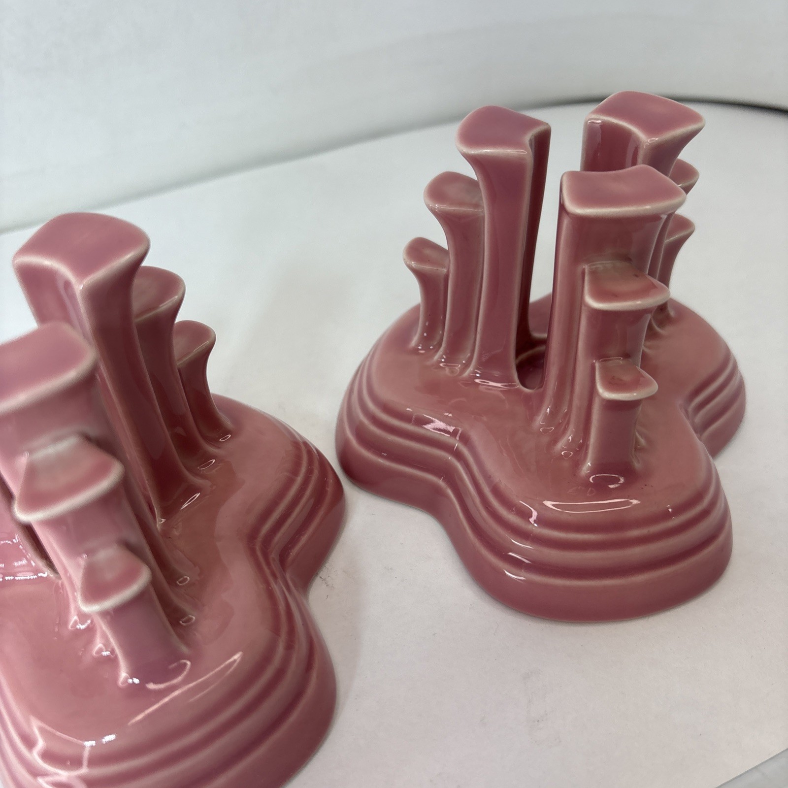 Fiesta Ware, Rose Pink Art Deco Pyramid Style Vintage Candle Holder Pair (2)