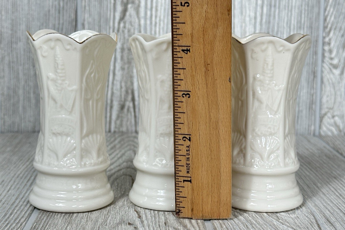 Belleek Visitors Center Ivory Bud Vases 4″ Tall Lot of 3 Embossed Design Ireland