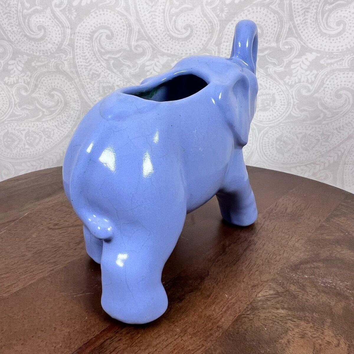 Vintage Blue Art Pottery Elephant Trunk Up Figurine Planter Vase Succulent Luck
