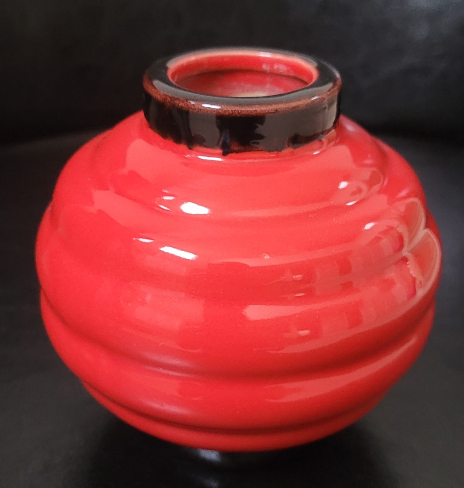 Scarlet Red Ceramic Vase Art Deco Design 4 inches tall