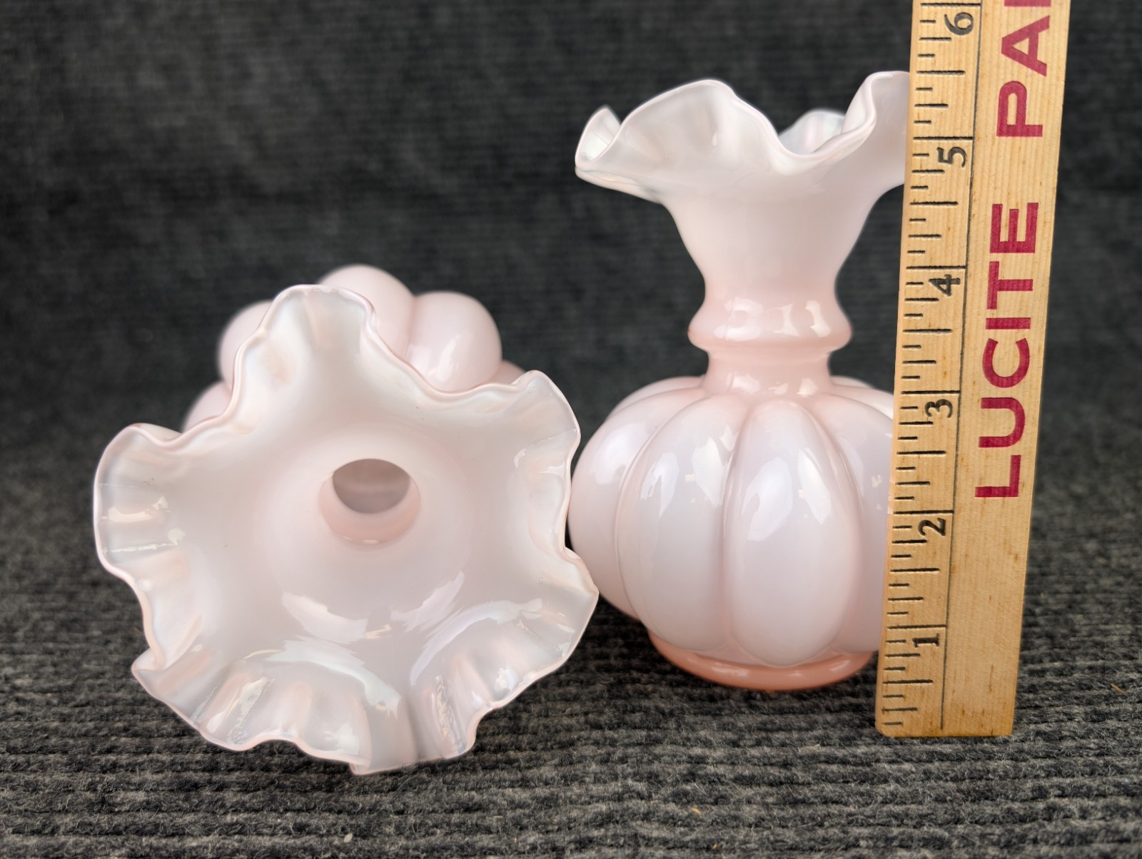 ​2 Vintage Fenton Rosalene Opalescent Pink Melon Vases Crimped Ruffled Rims Pair