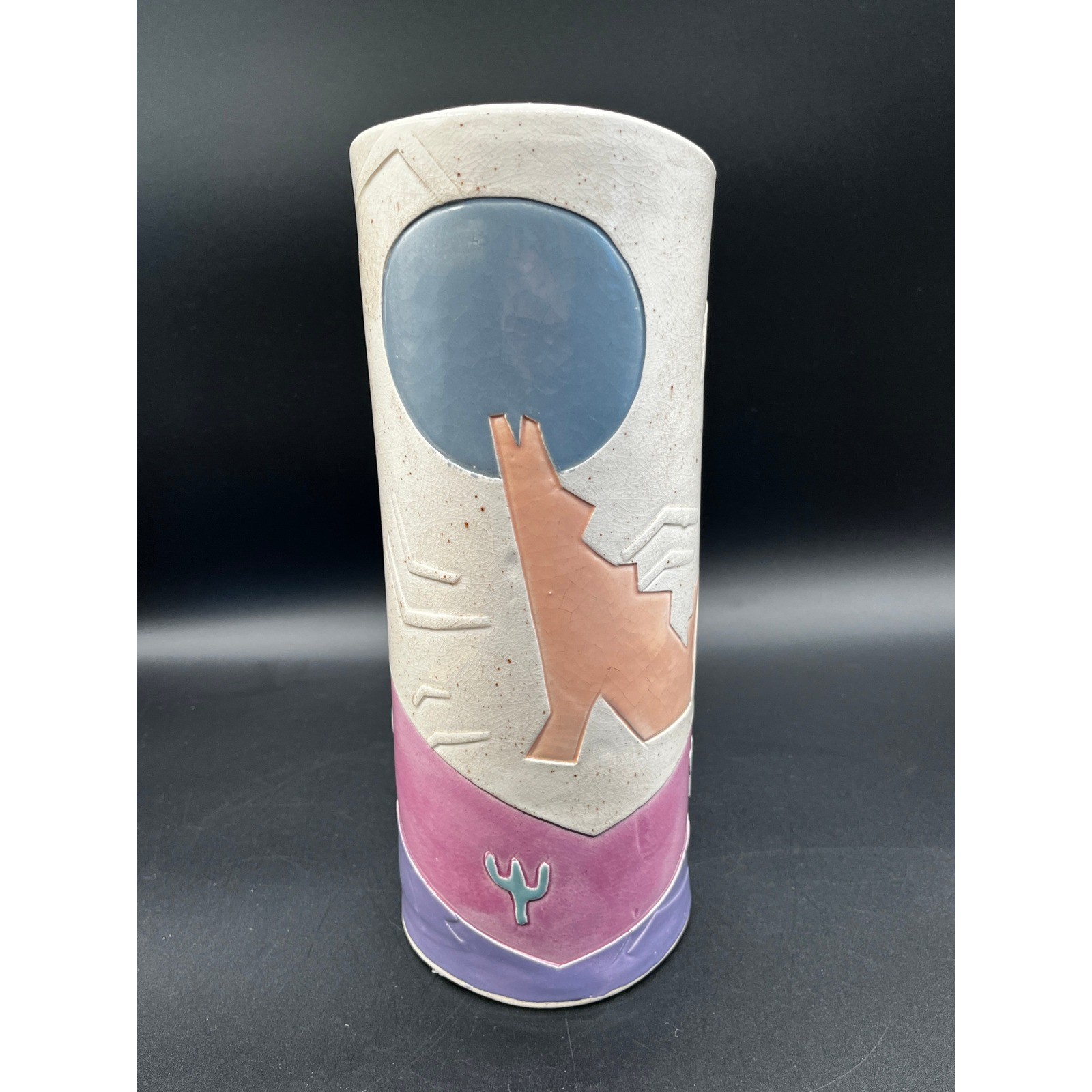 1990 Southwestern Studio Pottery Coyote Moon Vase Signed 10.25″ Barbara Demery