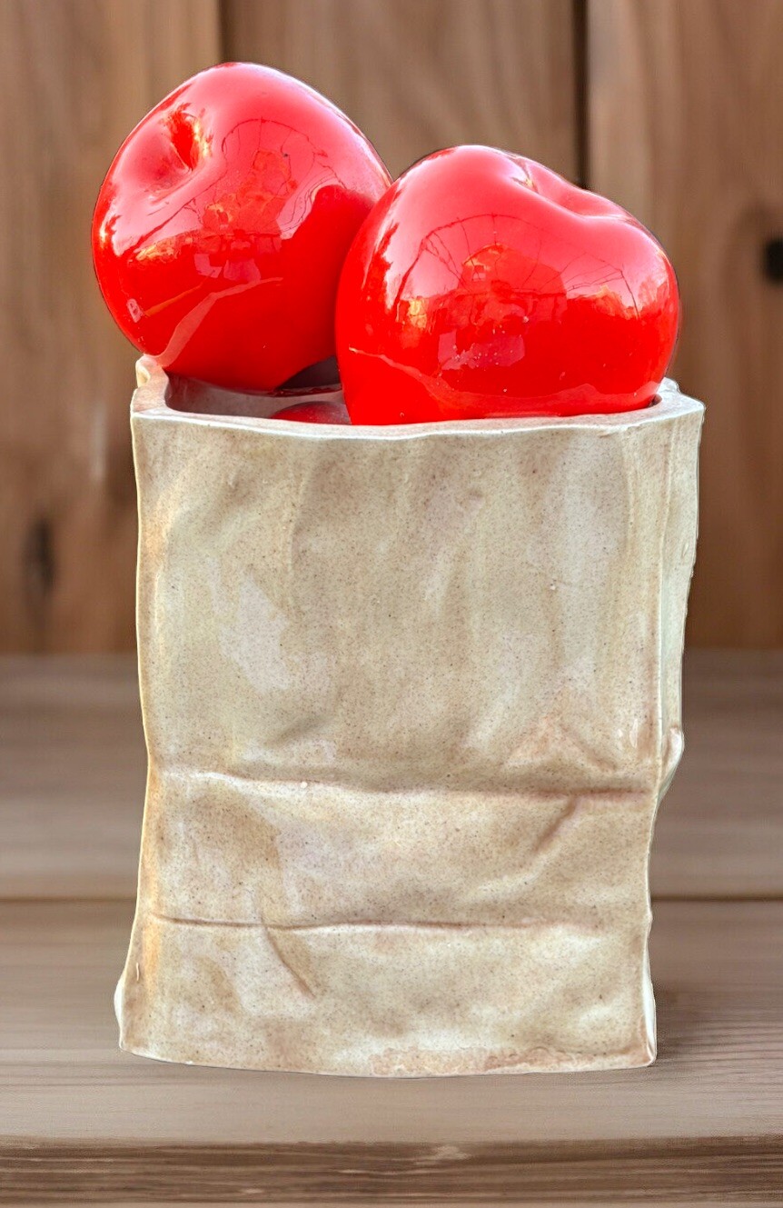 Ceramic Red Apples Brown Bag Pottery Kitchen Farmstand High Gloss Tabletop Decor