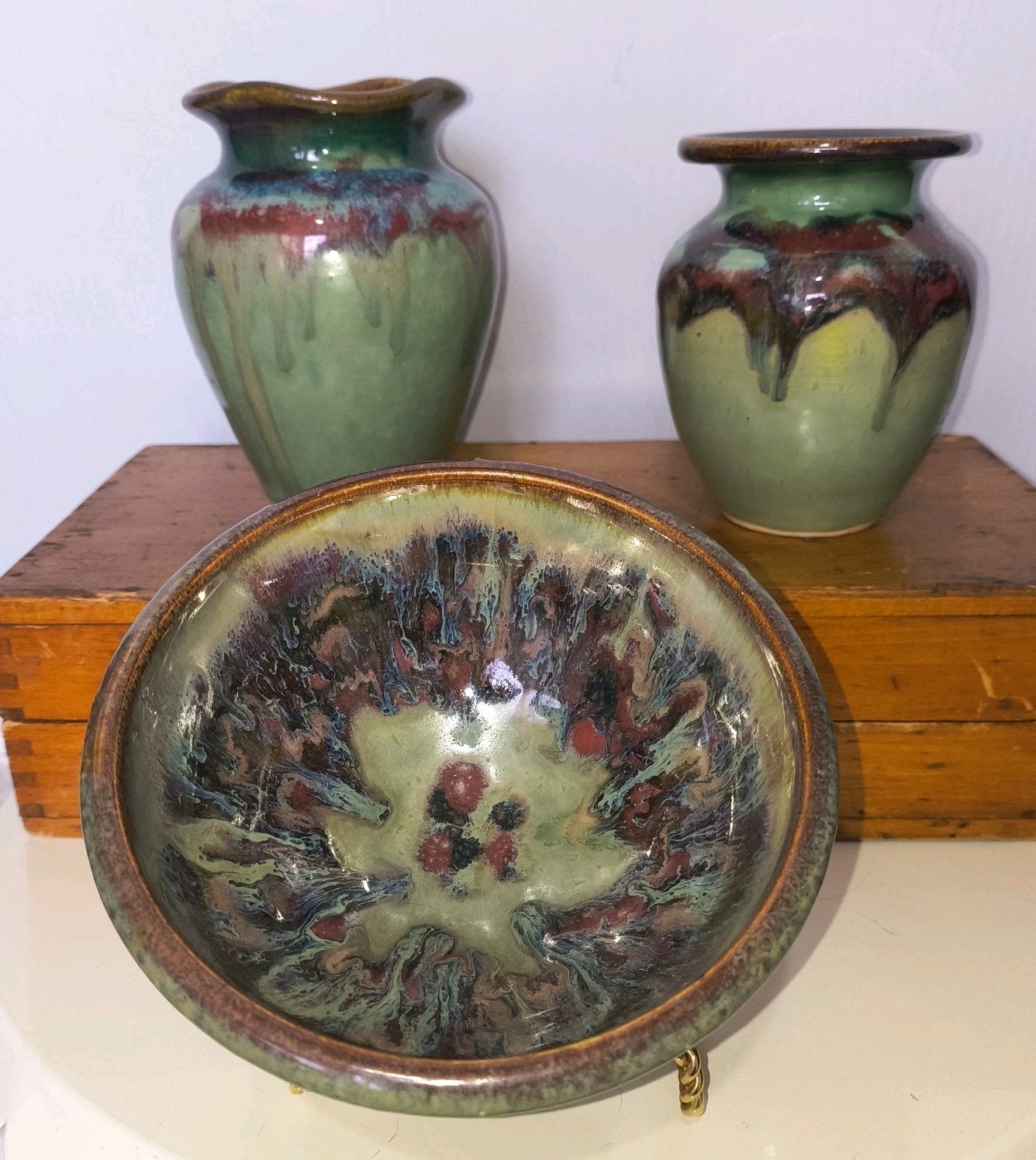 Vintage Studio Art Pottery Vases & Bowl Green & Browns Drip Glaze Set Signed RY