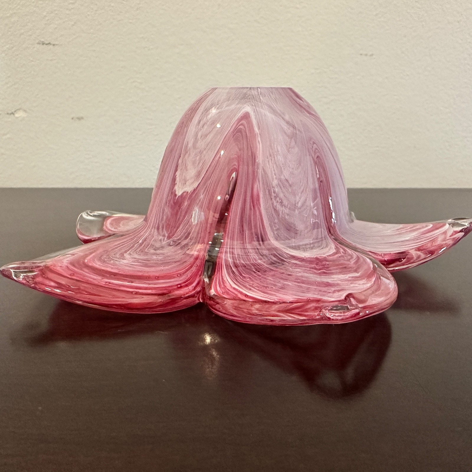 Murano Pink & Clear Flower Petals Murano Glass Crystal Clear Candle Holder Italy