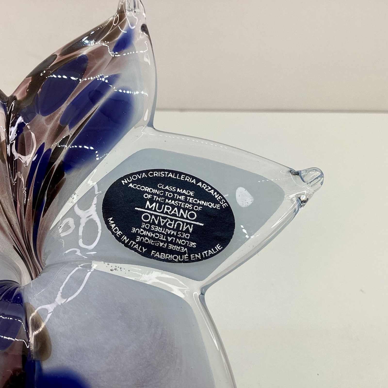 Murano Style Lily Flower Hand Blown Italy Glass Purple Blue White 5” W/ Sticker