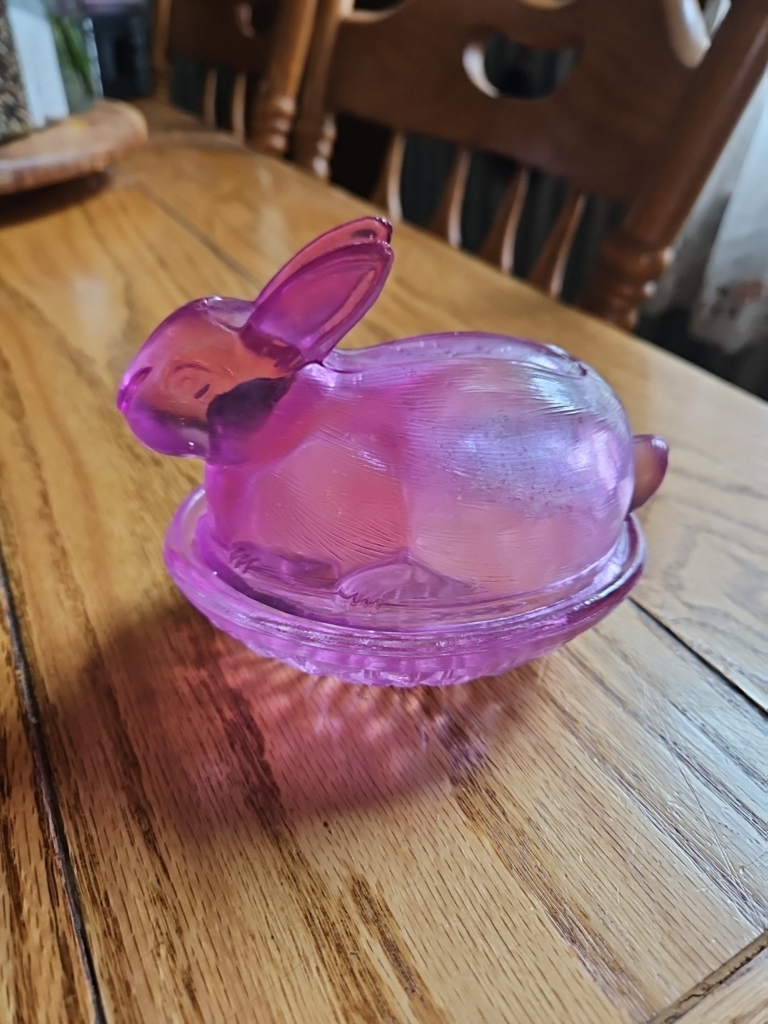 Glass Bunny On Nest Covered Trinket Dish Vintage Pink