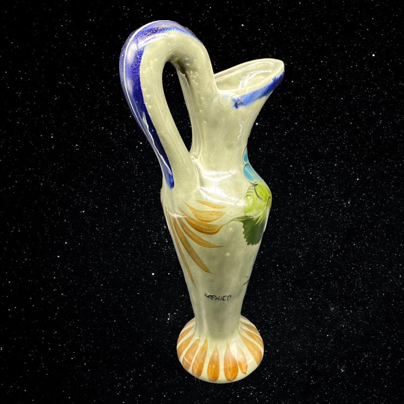 Mexican Folk Art Pottery Tonala Hand Painted Floral Pitcher Vase 11”T 5.5”W