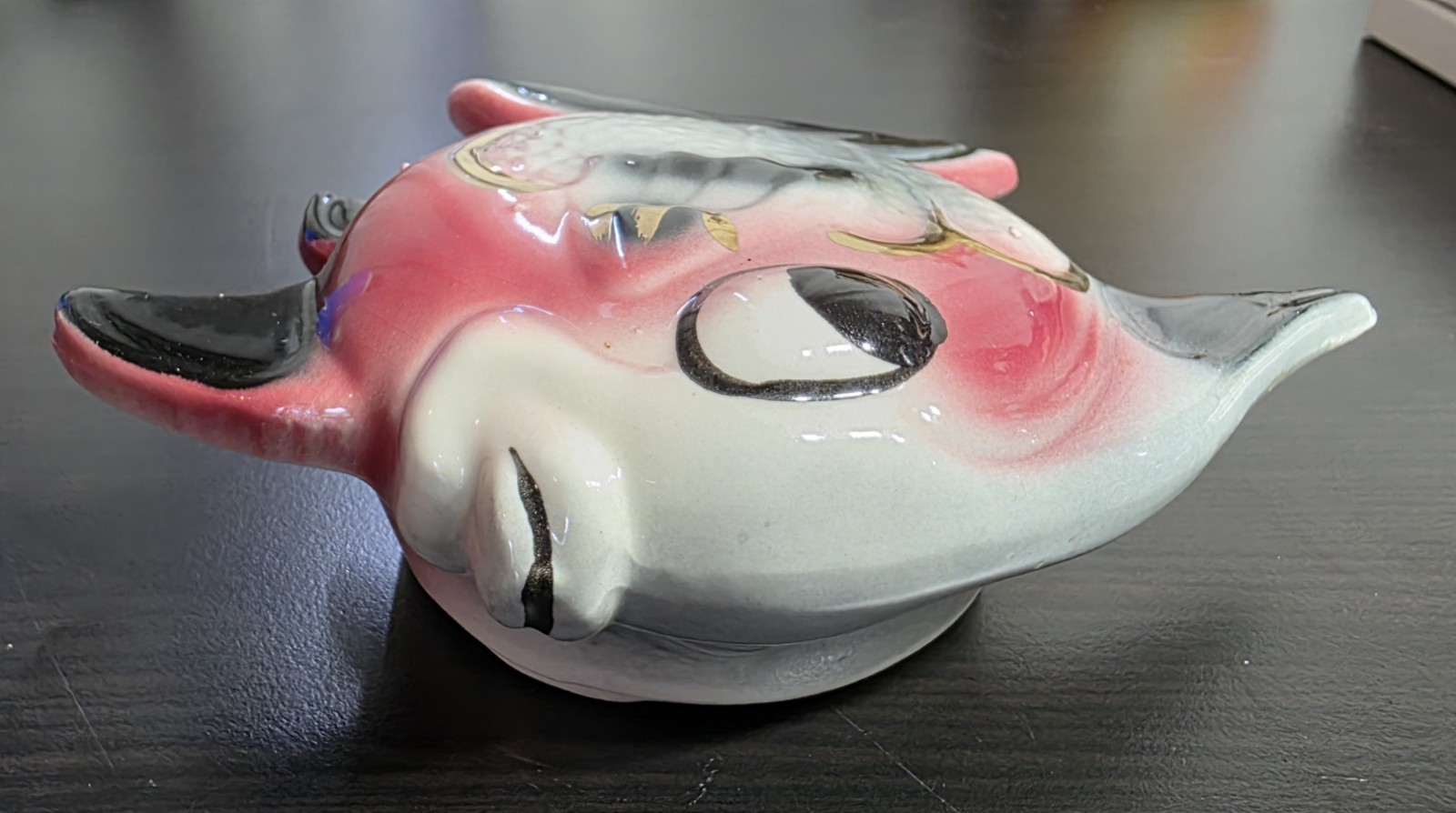 Vintage Ceramic Anthropomorphic Pink White Black Fish Wall Pocket